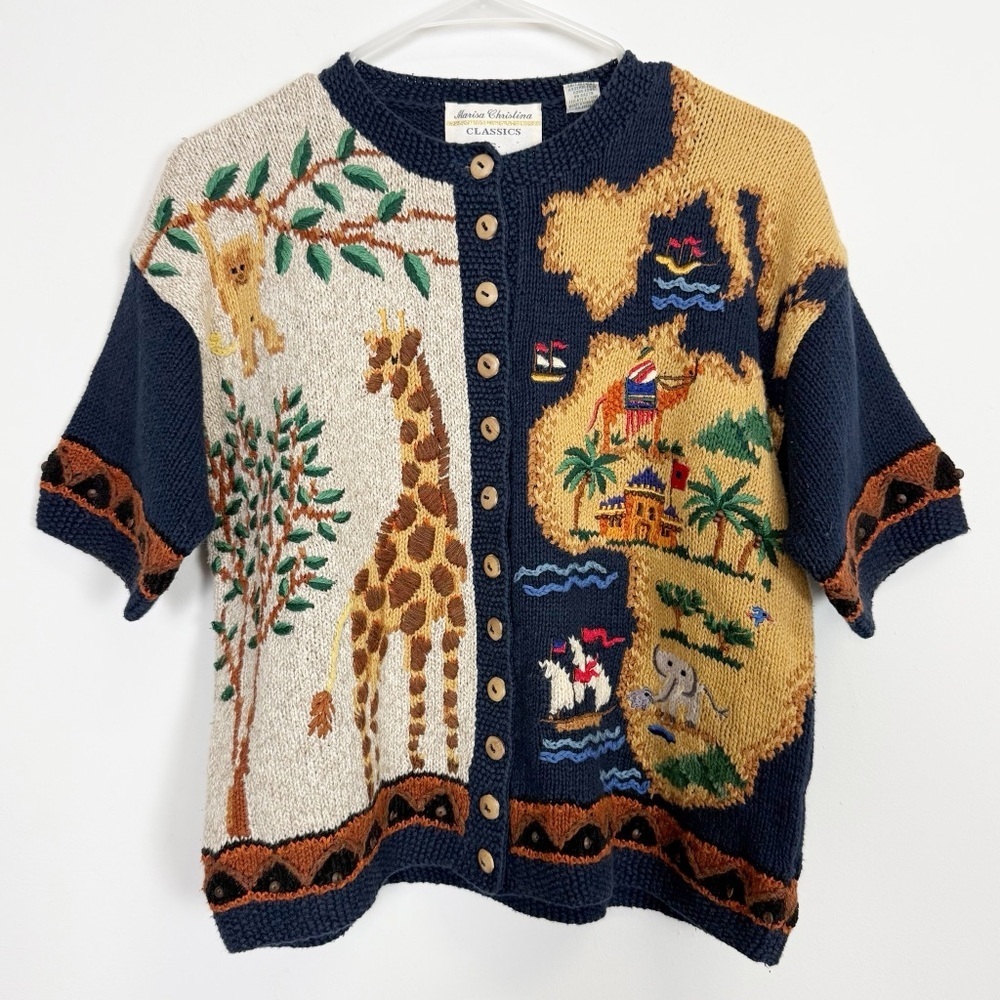 Marisa Christina Safari Animals Cardigan Sweater Womens Small Hand Knit VTG